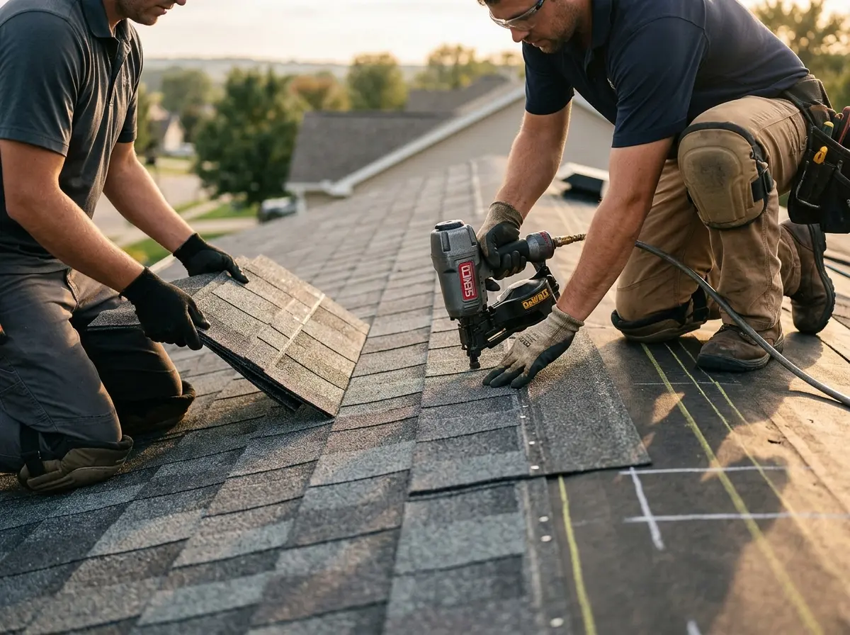 Professional roofer working on a residential roof in Laconia